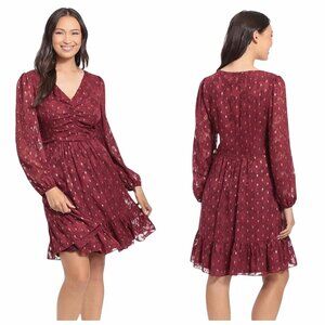 London Times Womens Petite V-Neck Dress Red Metallic Sz 8P Ruched Waist Tiered